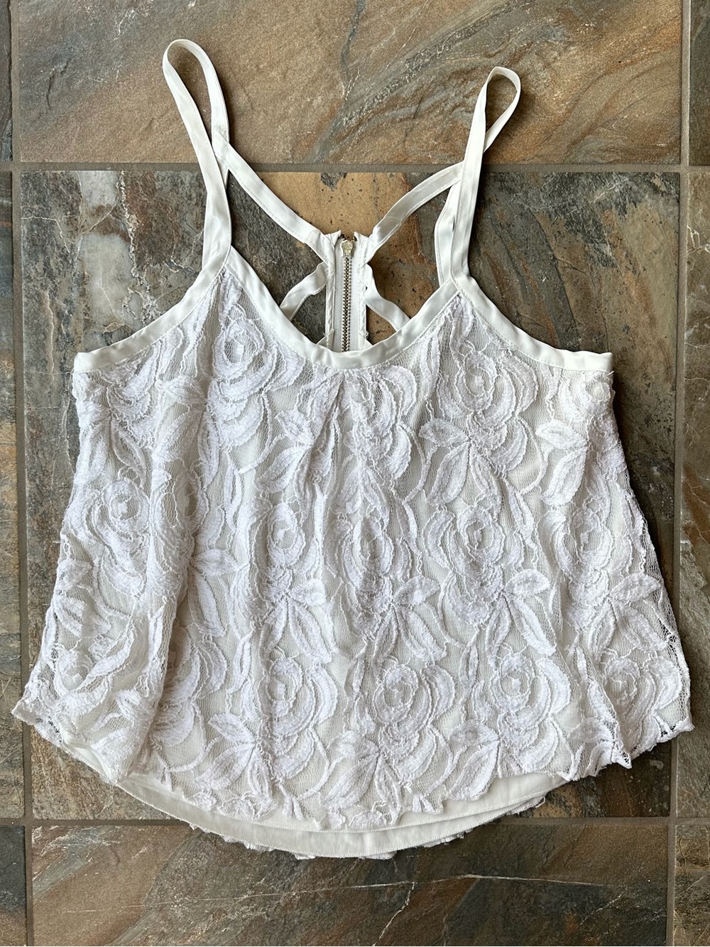 Allen B. Allen Schwartz White Rose Lace Cami Top Strappy Cage Back Size Medium M
